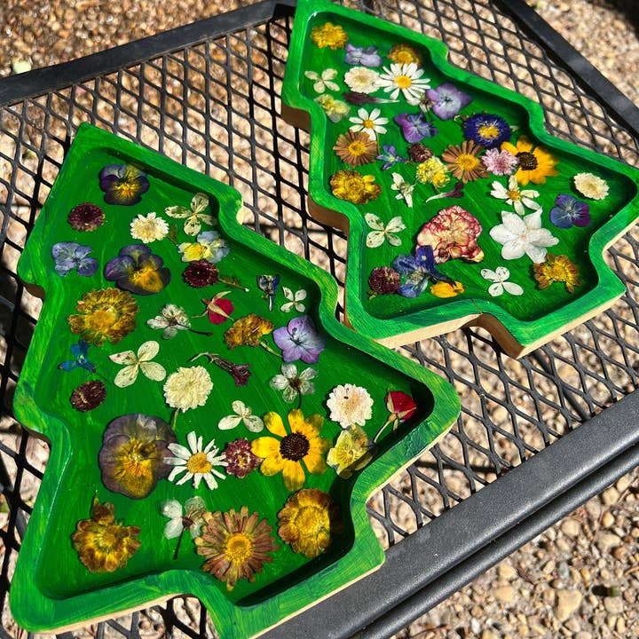 Pressed flower Christmas Tree tray decor for wholesale by Remedy Designs