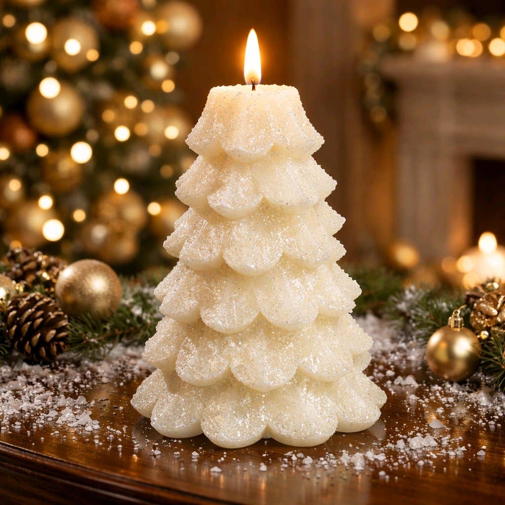Wholesale Home Decor - Wholesale Flameless Candle - White XmasTree w/ Glitter Moving Flame LED Candle 5x6.5in0