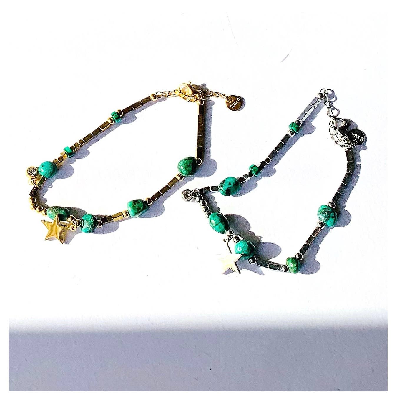 Atisha Spiritual Shop - Wholesale Pendant/Charm Necklace - STAR STONES Necklace ~ in STAINLESS Steel, with HARD stones and star-shaped charms6