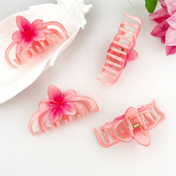 Pink Plumeria Flower Plant Acetate Hair Claw Clip for wholesale on Faire5