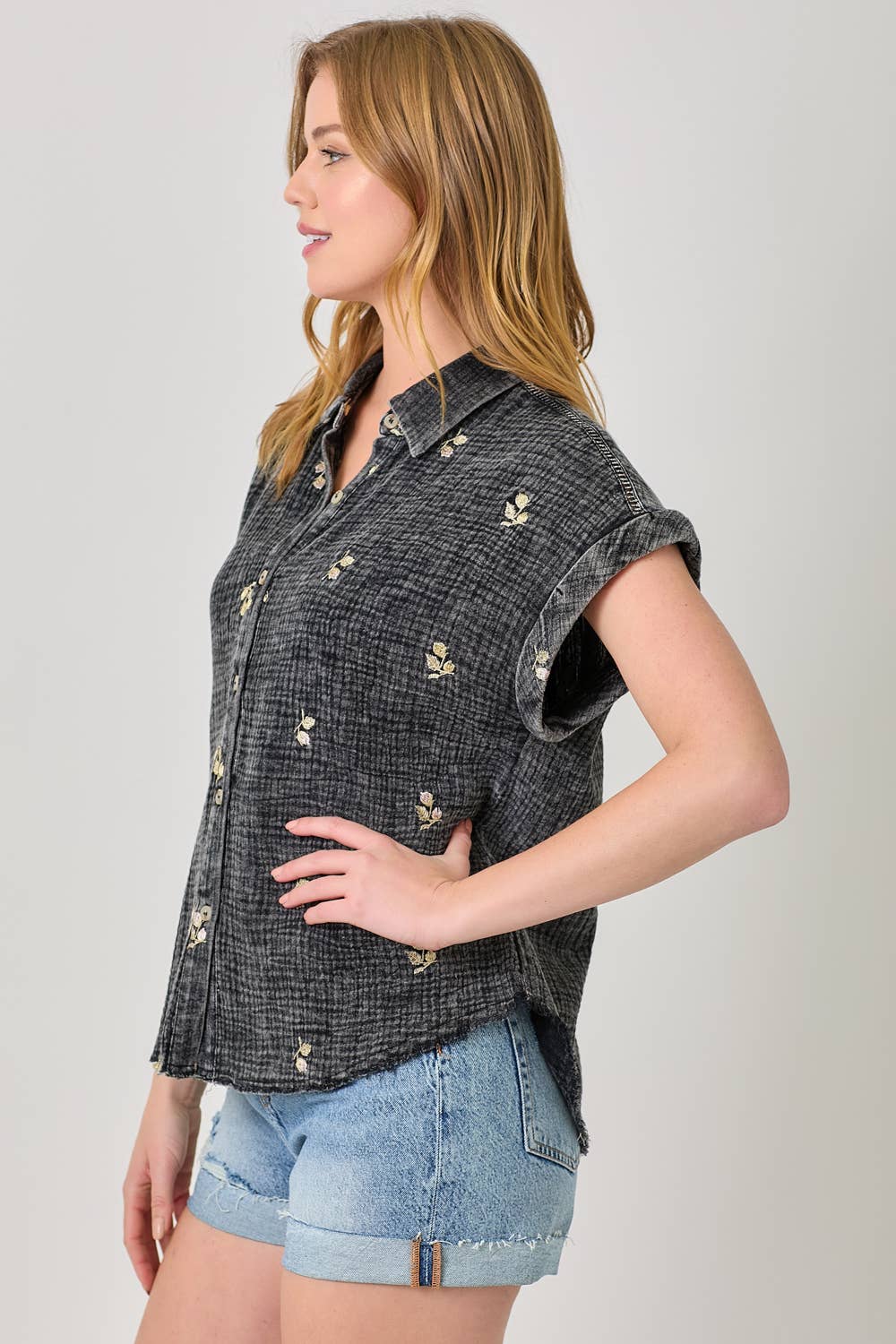 Mystree - Vente Chemise à col boutonné – femme - Haut brodé lavé 6095830