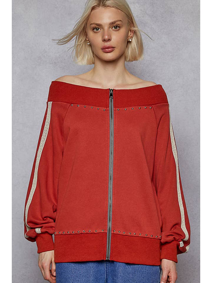 Pol Clothing - Wholesale Knit Top - Women's - Solid off shoulder lace trim detail French terry knit top8