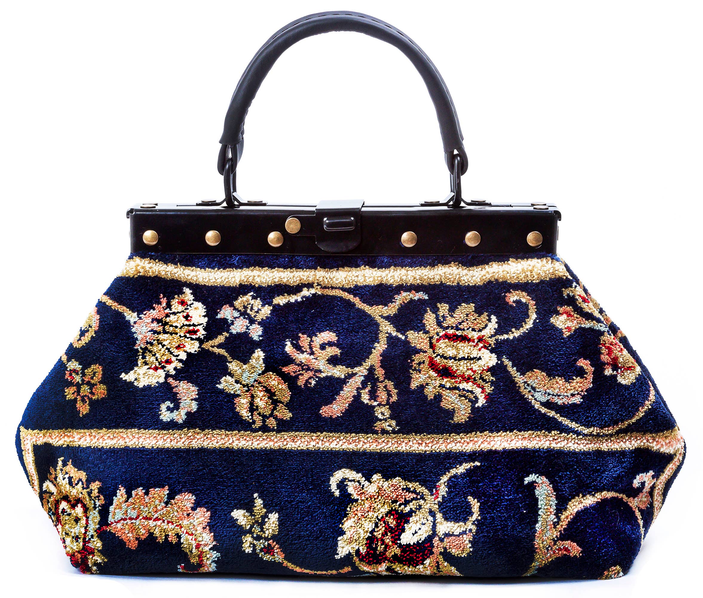Small Carpet Bag EXQUISITE Palace Navy Magical Mary Poppins Vintage-Style Carpet Bag with leather handle. 