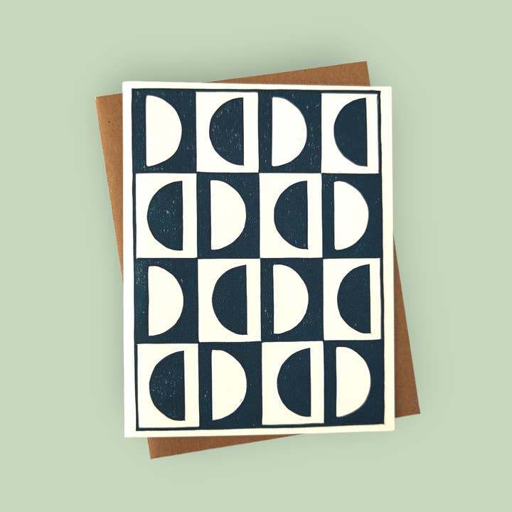 Handprinted linocut abstract semi circles folded card for wholesale by Winter Pickle Press