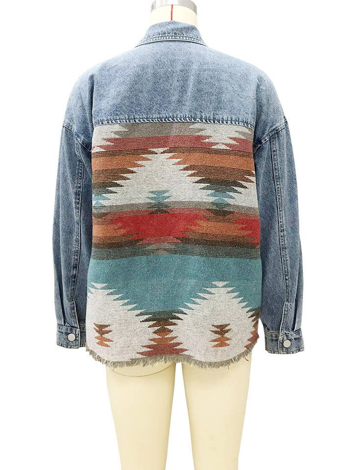 Rosa Clothing - Wholesale Denim Jacket - Women's - Vintage Ethnic AZTEC patchwork oversized denim jacket7