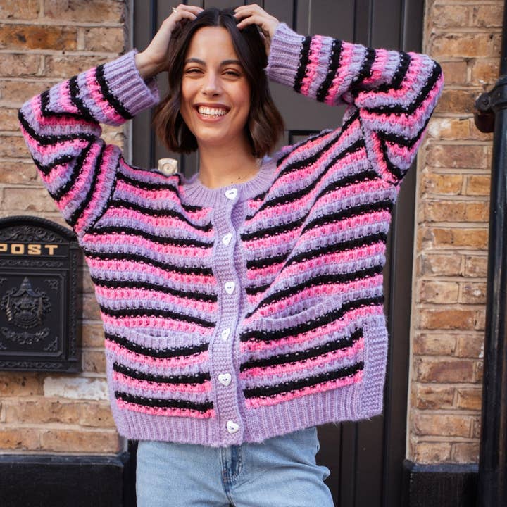Cara & The Sky - Wholesale Cardigan - Women's - Bernice Stripe Cross Stitch Cardigan - Lilac22