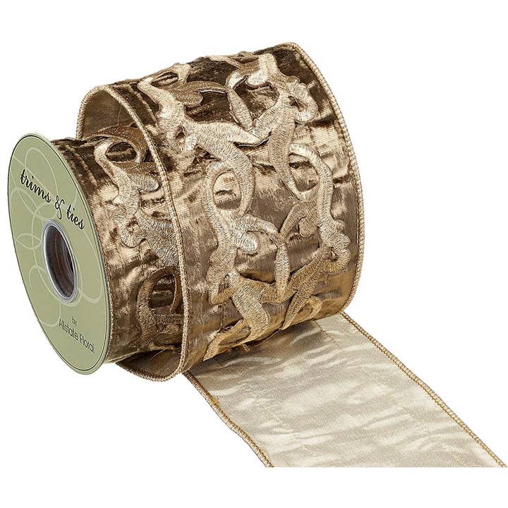 4"W x 5yd Embroider Trim Velvet Ribbon Gold for wholesale by Silk Flower Depot