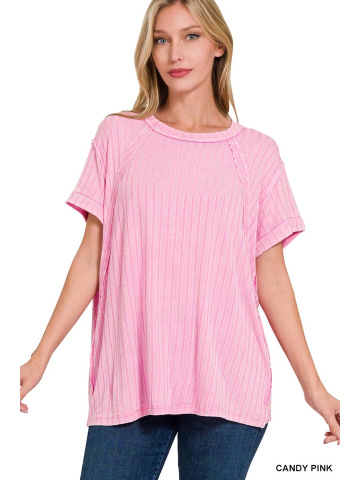 Vanilla Monkey - Wholesale Knit Top - Women's - Acid Washed Ribbed Short Sleeve Boat-neck Top