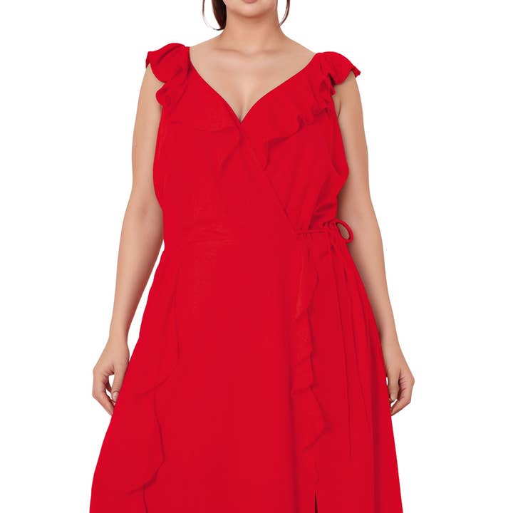 Nurode's Plus Size Ruffle Trim Wrapped Maxi Dress in Red for wholesale on Faire1