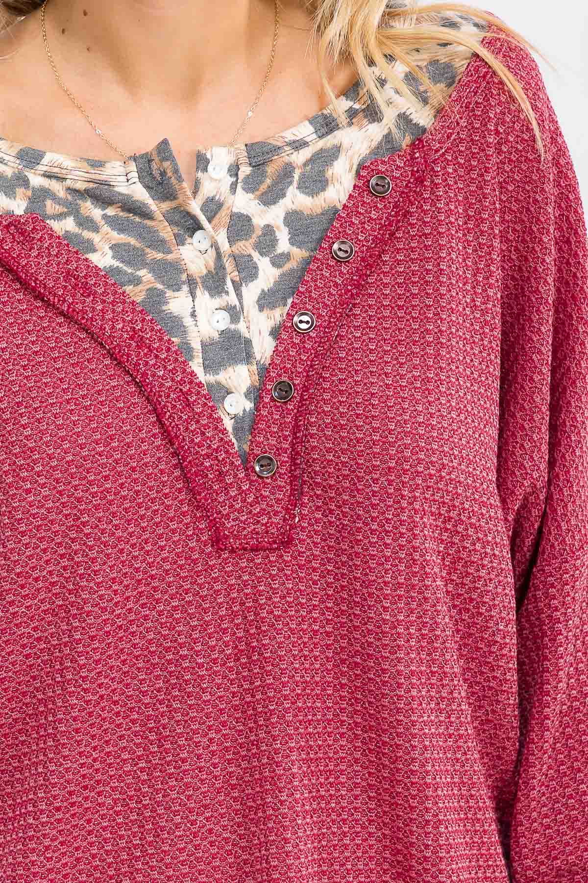 7th Ray - Wholesale Knit Top - Women's - Leopard Print Double layered Henley Top T60783