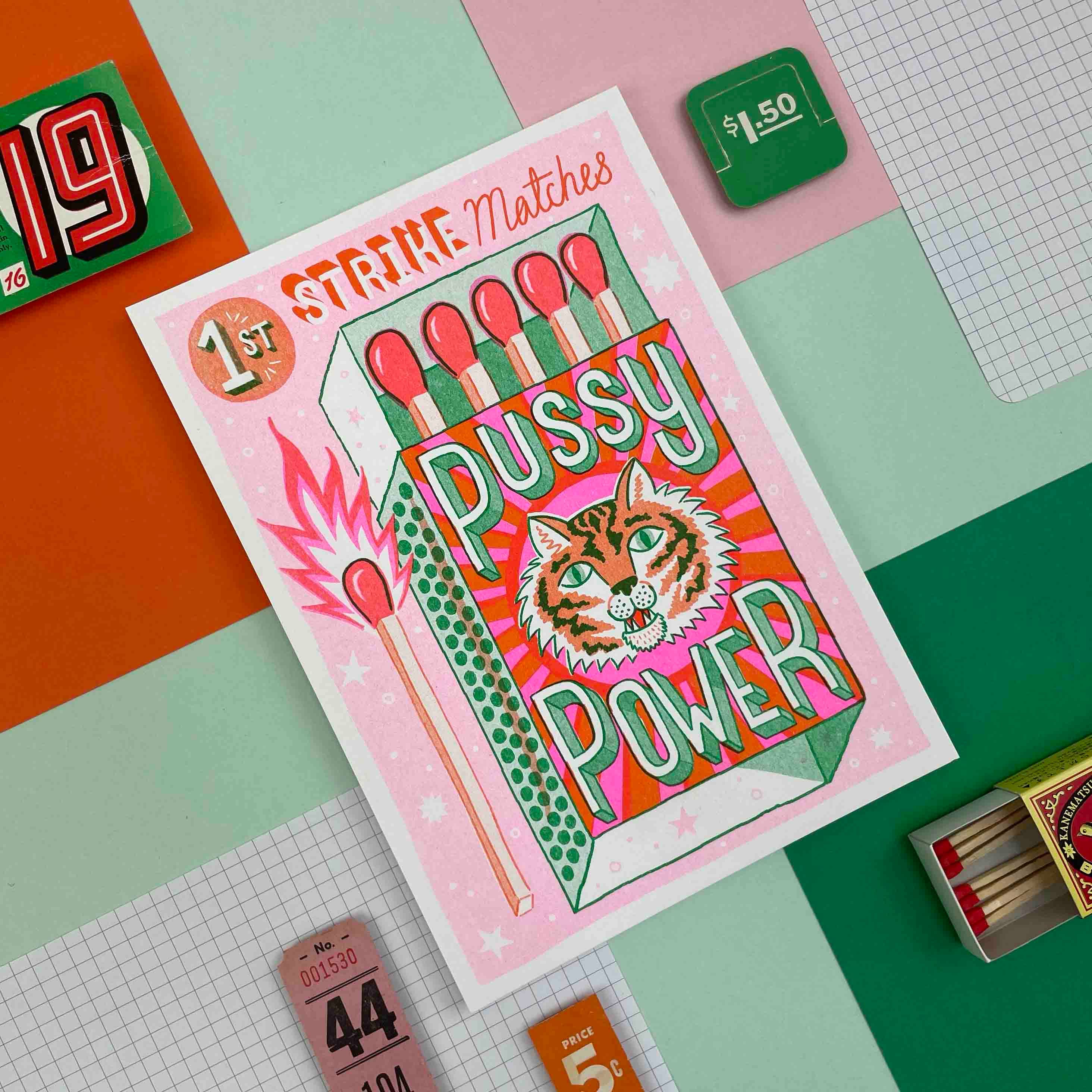 Jacqueline Colley - Wholesale Art Print - A5 Pussy Power Matchbox, Risograph Print4