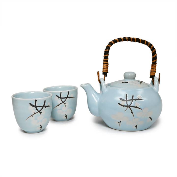 TEA SET – WHITE PLUM BLOSSOMS WITH BAMBOO HANDLE for wholesale by Fuji Merchandise Corporation
