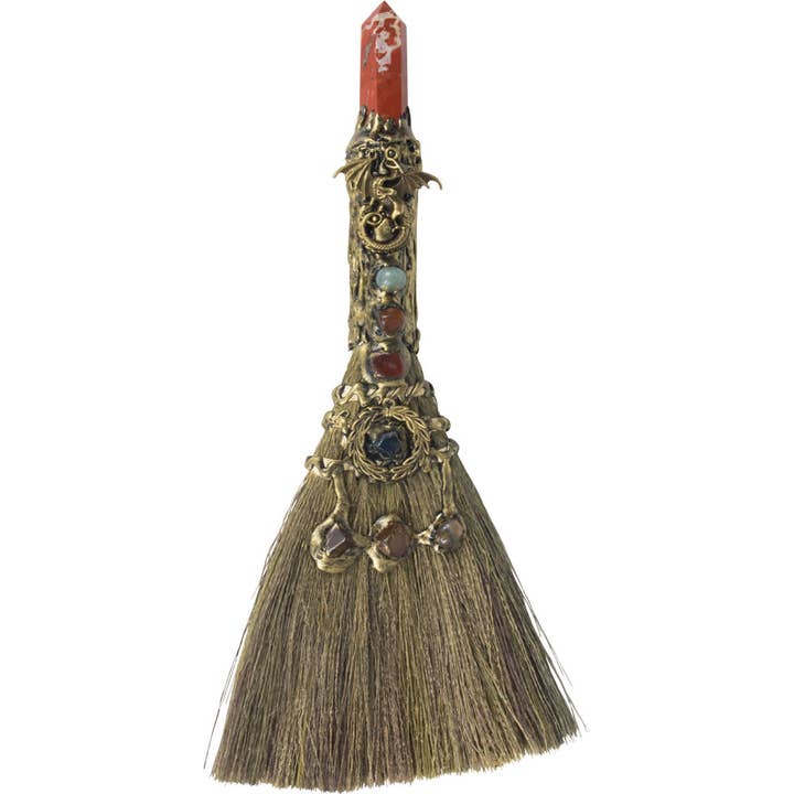 Gemstone Wicca Broom 13in - Red Jasper w/ Gold Dragon (Each) for wholesale by Kheops International