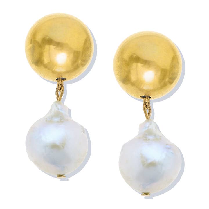 Gold Ball & Baroque Pearl Dangle Earrings for wholesale by Susan Shaw
