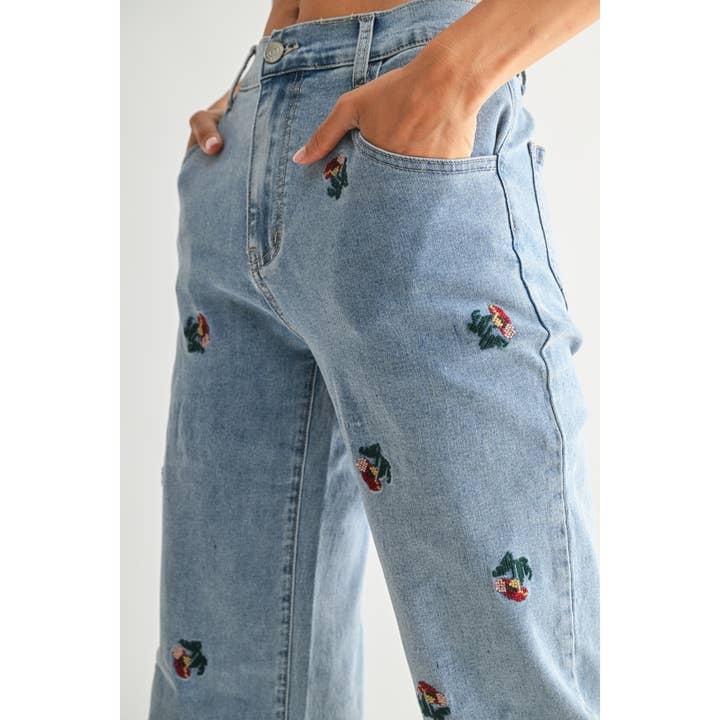 MEDIUM WASH EXQUISITE EMBROIDERED DENIM JEANS for wholesale on Faire