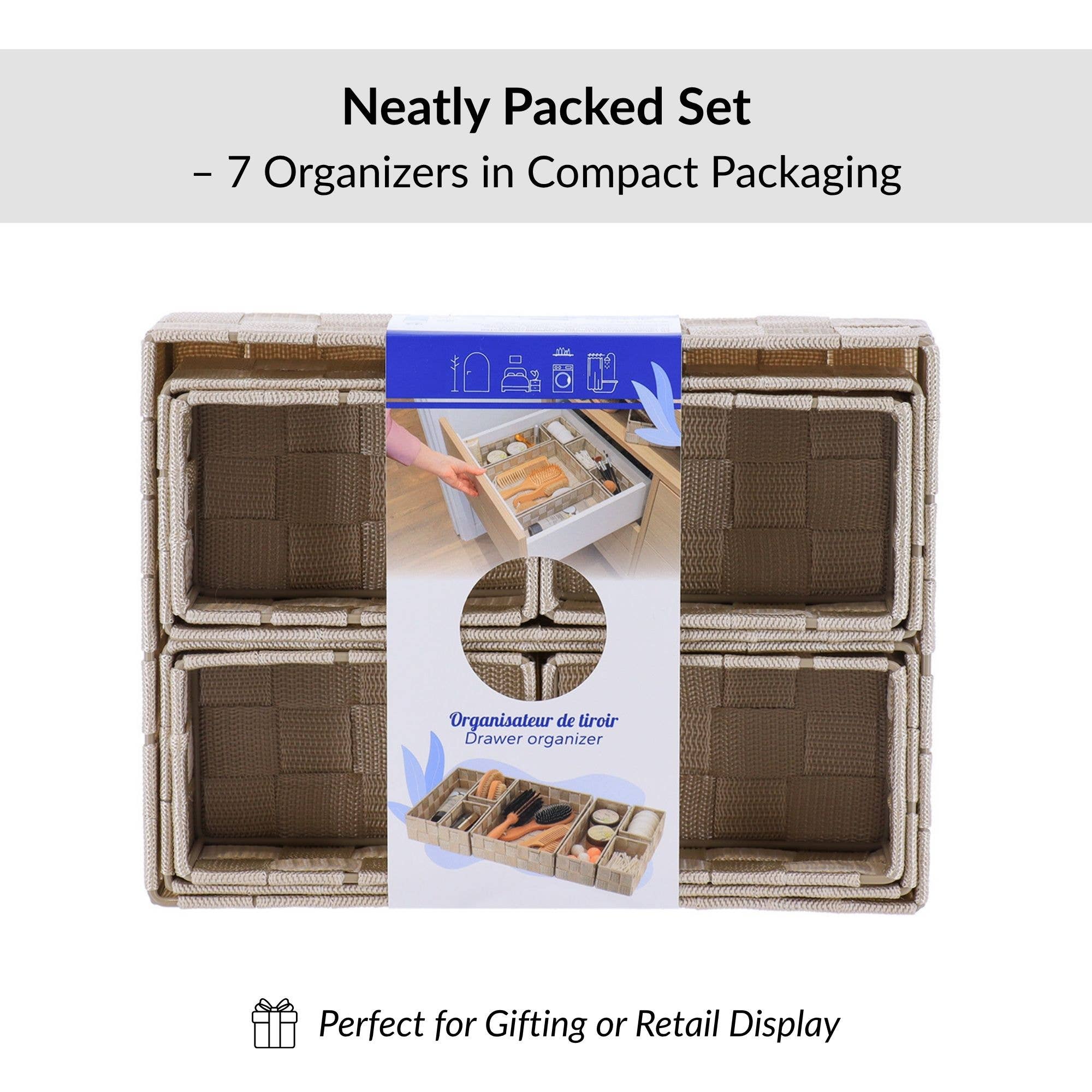Evideco French Home Goods - Wholesale Drawer Organizer - 7-Piece Braided Polyester Drawer Divider Set - Beige2