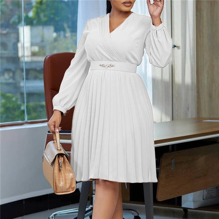 Stylish V-Neck Pleated Dress in Solid Color for wholesale by UZ Wholesale Store