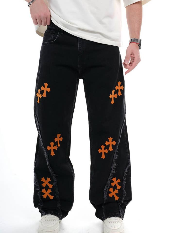 Herr Svarta Baggy Korsmönstrade Patchwork Denimjeans Streetwear Vida Ben 0325ES3280 för wholesale av Monocloth