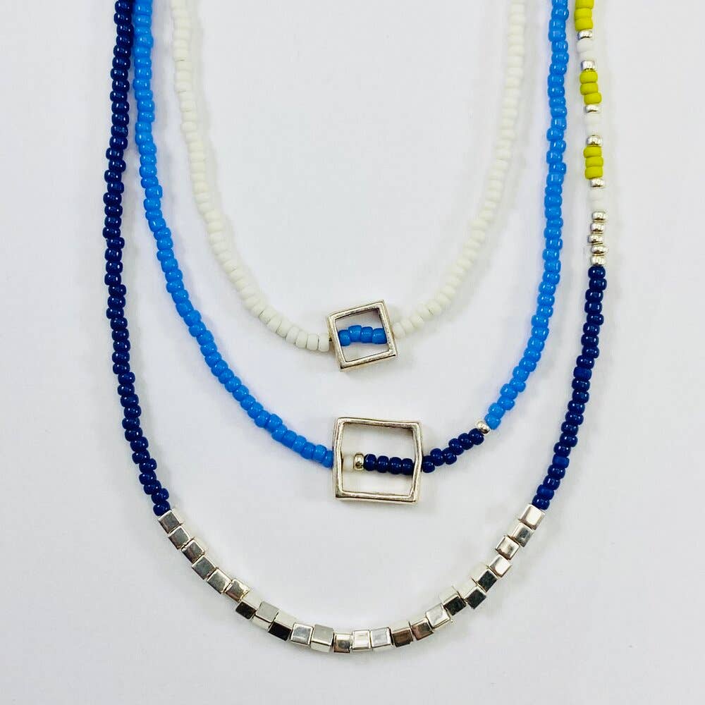 Sarah Crawford Handcrafted – wholesale Jewellery set – Blues Beaded Necklace Set - Small Sterling Silver Open Squa0
