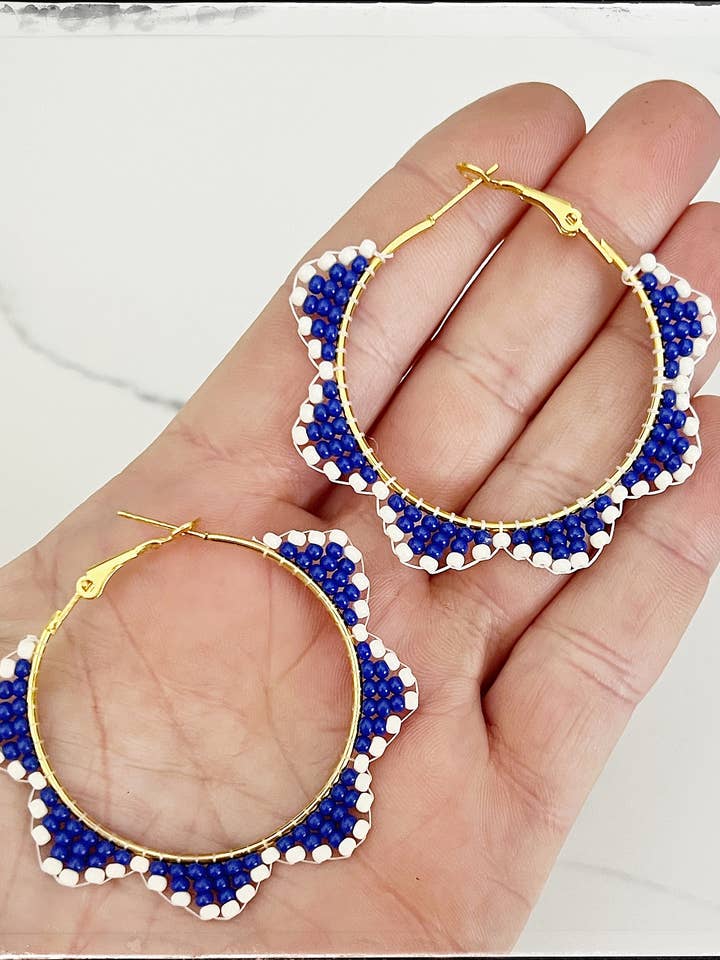 Glass Seed Bead Scalloped Hoop Circle Brass Earrings Blue for wholesale by GentrybyJenna