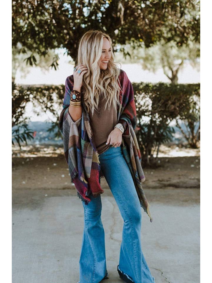 Cozy Plaid Pocket Ruana Wrap - Fuchsia for wholesale on Faire3