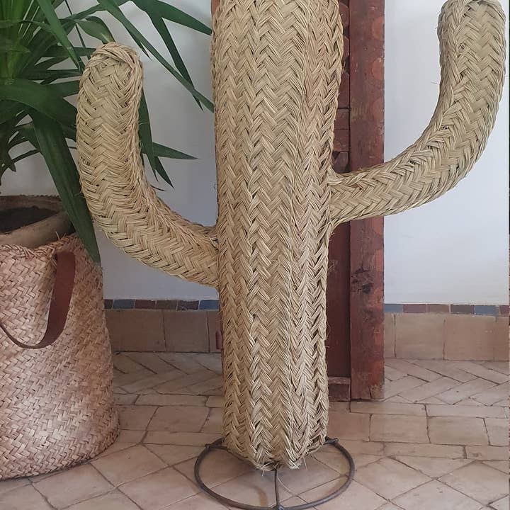 Doum cactus in woven straw on foot for wholesale by MARRAKECH METACRAFT LTD