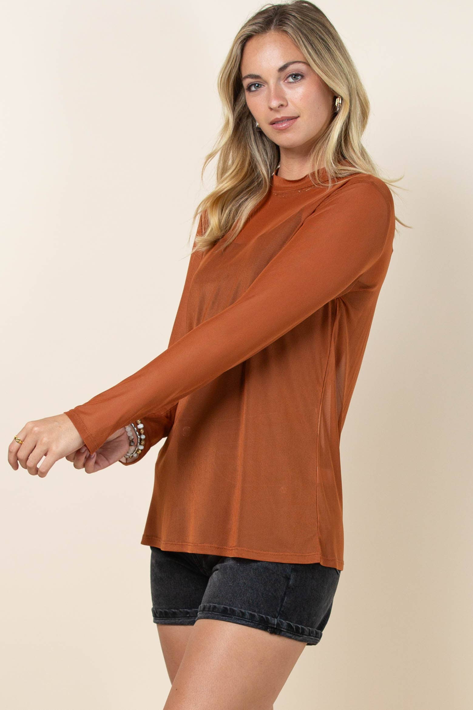 Cinnamon AV1230-CHASE SOLID SEMI SHEER MESH TOP for wholesale on Faire6