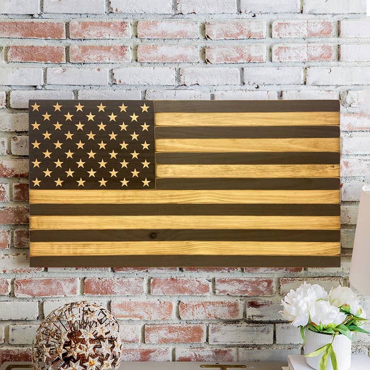 Natural Classic Wooden American Flag for wholesale by Rustic Marlin Personalized Home Decor