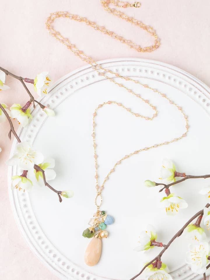 Bellini 19 or 39" Blue Opal, Peach Moonstone, Citrine Cluster Necklace for wholesale by Anne Vaughan Designs Jewelry