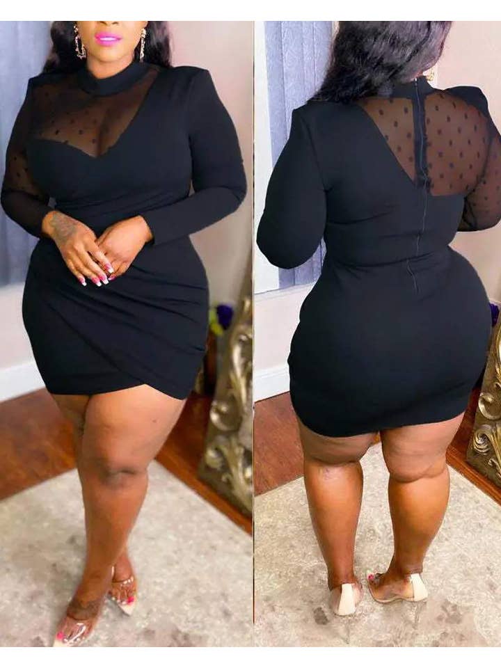 BLACK plus size contrast mesh ruched bodycon dress for wholesale on Faire