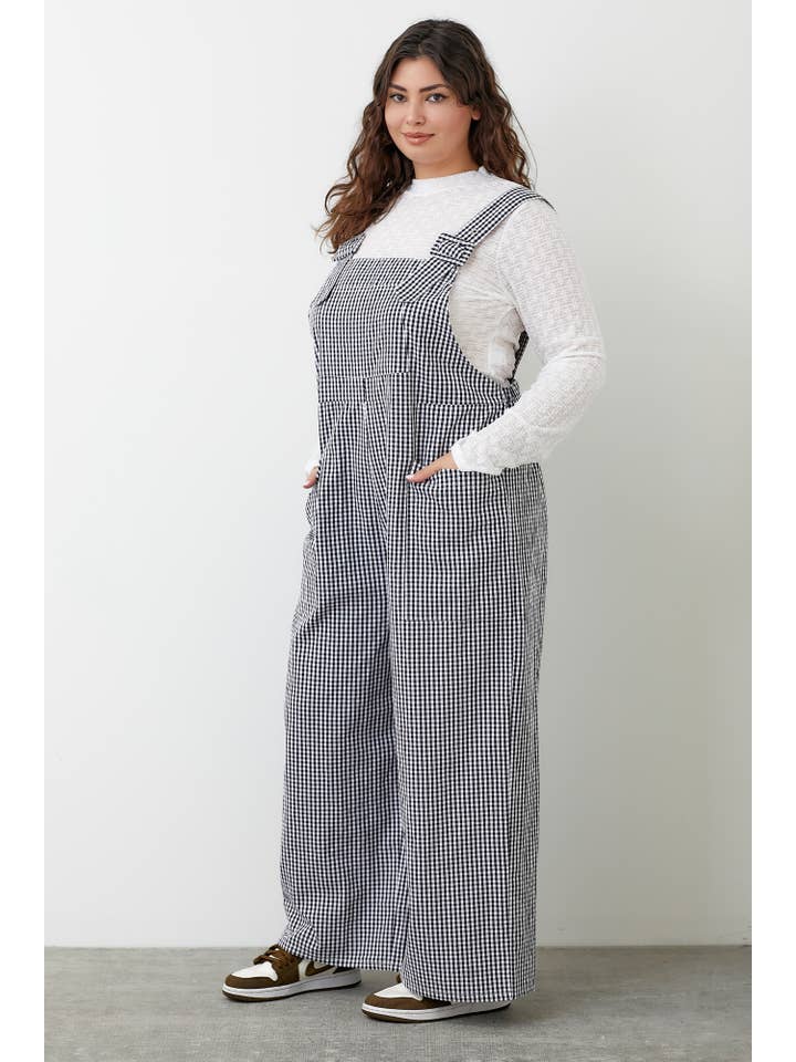 Black GINGHAM OVERALLS WIDE PANTS for wholesale on Faire