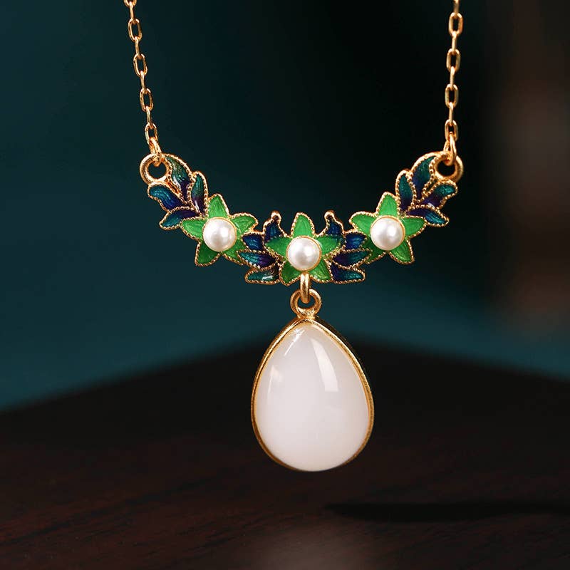 Bright MacMing - Wholesale Pendant/Charm Necklace - Green Enamel Leaves White Jade Necklace0
