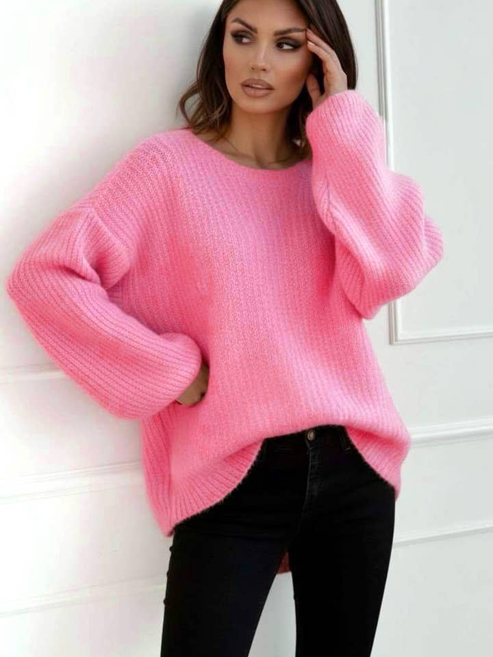Azura Oversized Alpaca Ribbed Knitted Sweater Jumper-Pink for wholesale by Catwalk Wholesale
