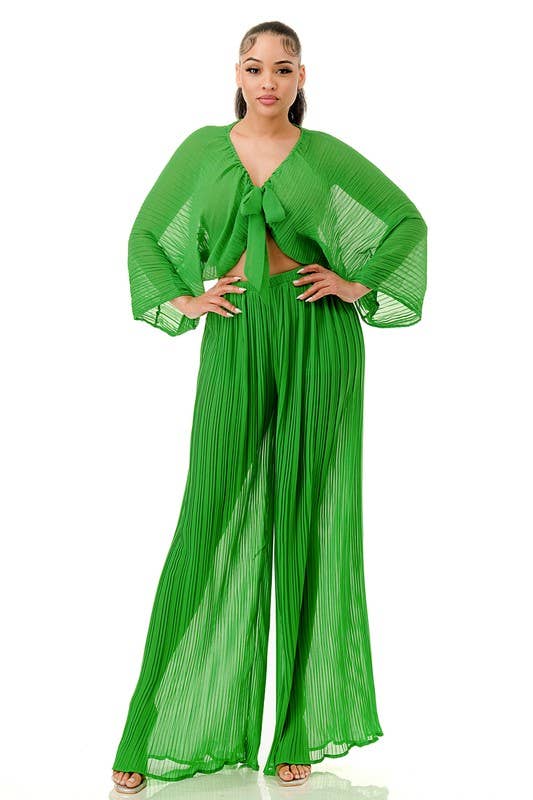 Namatt Design – wholesale Top & pants set (NOT Loungewear) – Women's – Plus Front Tie Billowing Pleated Crop Top & Pants Set10