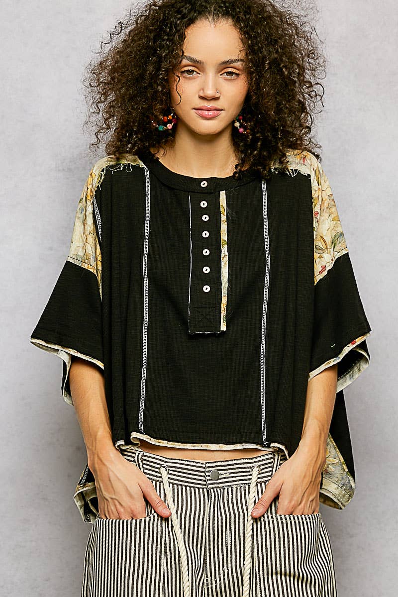 Pol Clothing - Wholesale Knit Top - Women's - Floral Print Patch Button Down Short Sleeve Top0