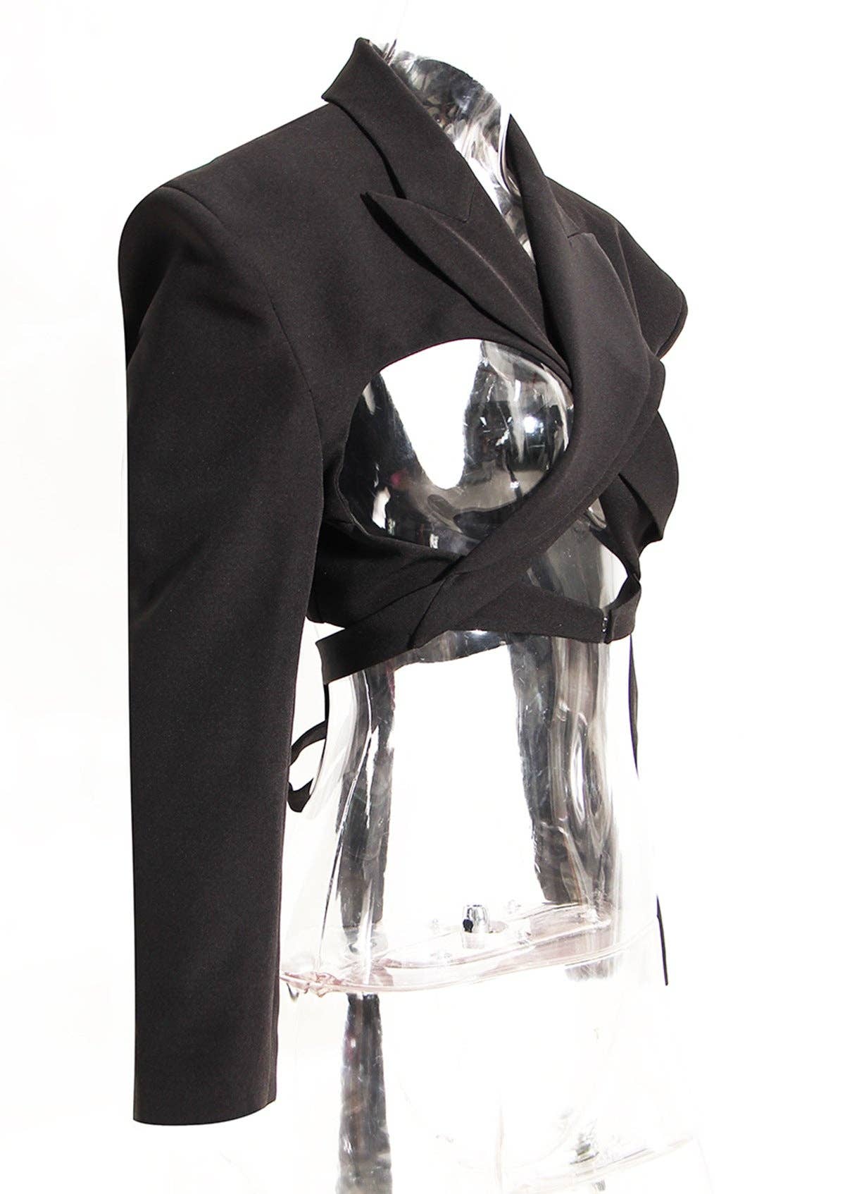 Svart M10 Texturerad Svart Kavaj med Öppen Rygg och Midjeband för wholesale på Faire2