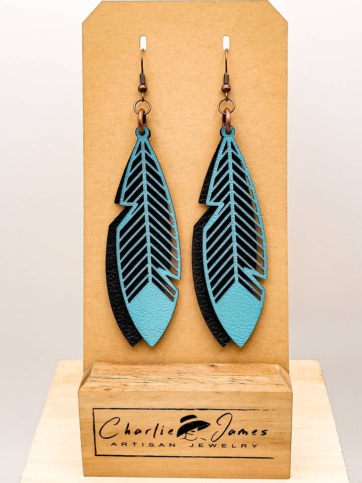 Leather Feather Earrings, Turquoise Feather Earrings, Feather Earrings, Boho Earrings, Teal Feather, Turquoise Earrings, Western Earrings for wholesale by Charlie James Artisan Boutique