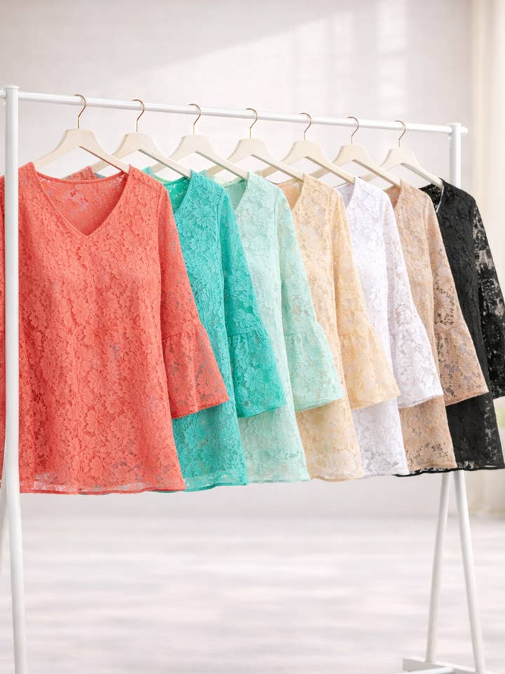 Winslow Collection – Engroshandel Bluse - Dame – Plus size bluse i blondestof med V-hals og albuelange ærmer18