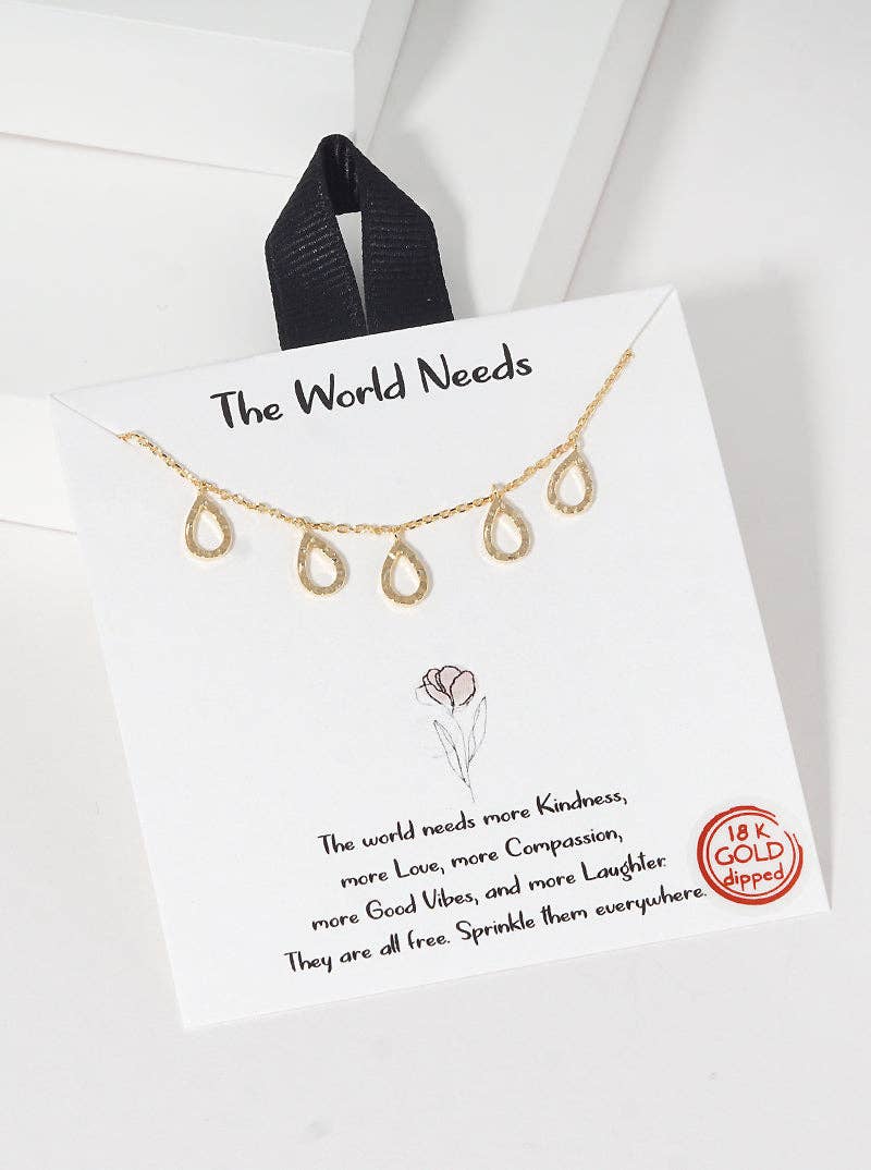 Wild Honey - Wholesale Pendant/Charm Necklace - Five Hammered-Texture Cutout Teardrop Charms 18K-Gold-Dipped Necklace1