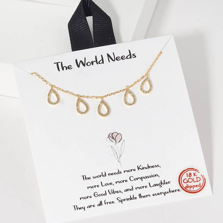 Wild Honey - Wholesale Pendant/Charm Necklace - Five Hammered-Texture Cutout Teardrop Charms 18K-Gold-Dipped Necklace1