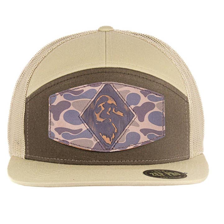Mallard Old School Camo Brown Leather Patch Hat. 7-Panel Modern Flat Bill Cap. Richardson 168 Snapback Hat. Hand Burnished Leather Patch. for wholesale by Zep-Pro