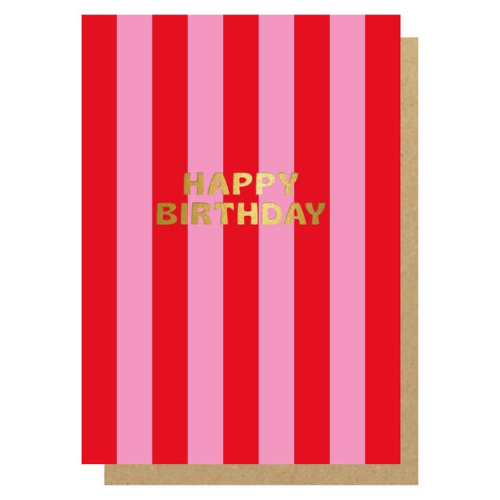 Happy Birthday pink & red stripe card for wholesale by Lucky Ink