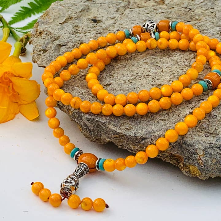 Lungta Imports - Wholesale Prayer Beads Necklace - Tibetan Buddhist Mala / Rosary 108 Glass Beads/ Tibetan Silver Spacers / Free Mala Pouch