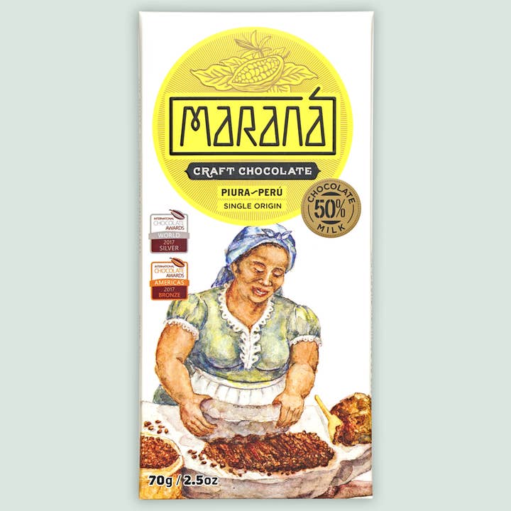 Tablette de chocolat au lait Marana Piura 50 % (chocolat péruvien) pour la vente par Bar & Cocoa Chocolate
