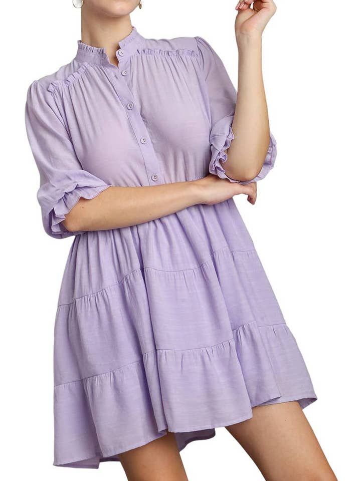 Tiered Ruffle V-neck Front Button Placket Dress for wholesale by Vanilla Monkey