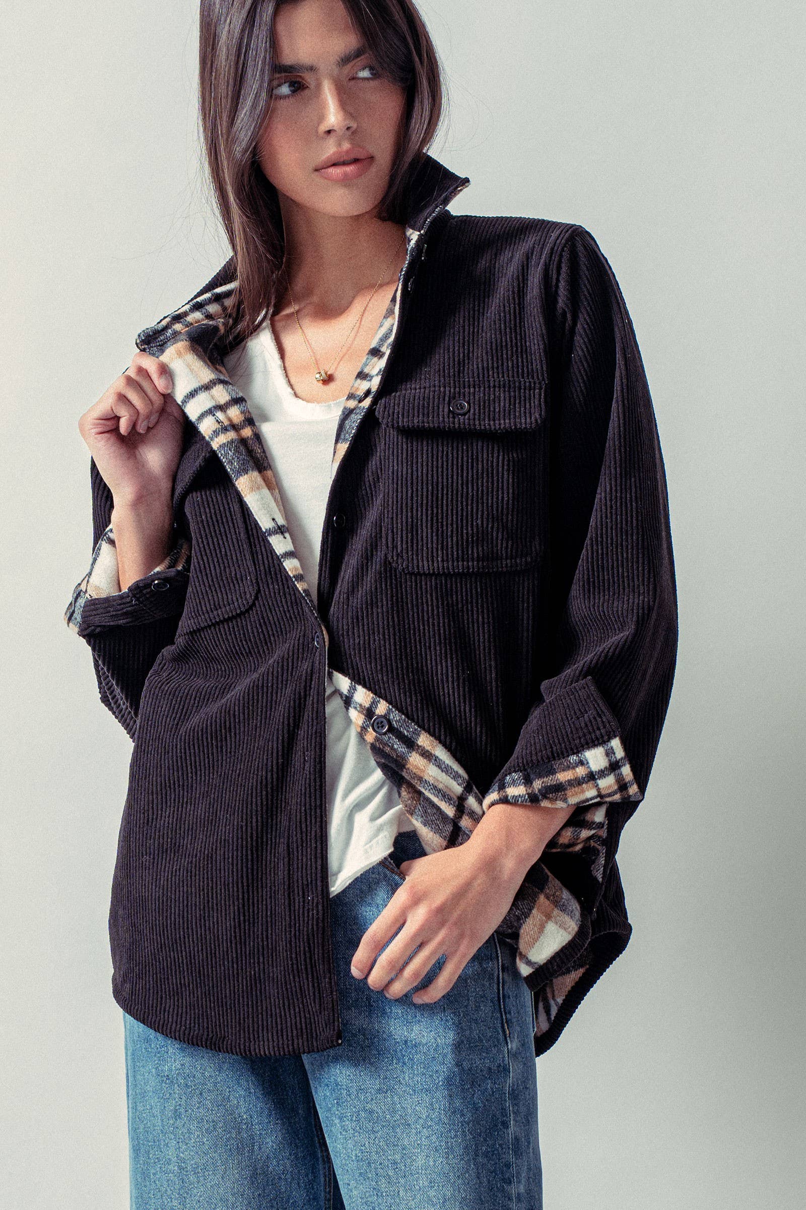 Urban Daizy - Wholesale Shirt Jacket/Shacket - Women's - Plaid Flannel-Lined Corduroy Shacket7