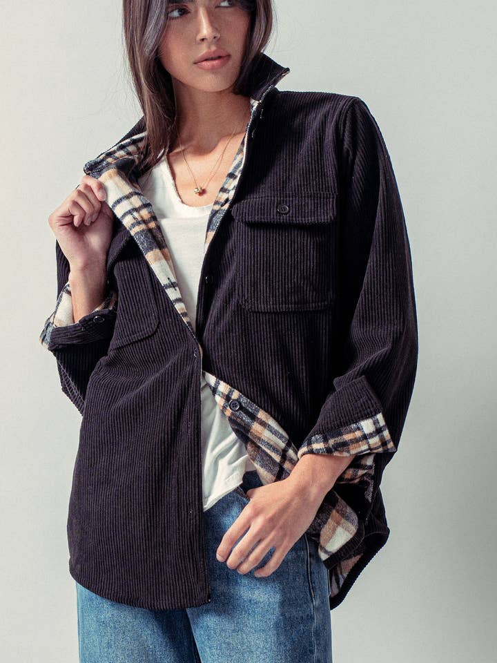 Urban Daizy - Wholesale Shirt Jacket/Shacket - Women's - Plaid Flannel-Lined Corduroy Shacket7