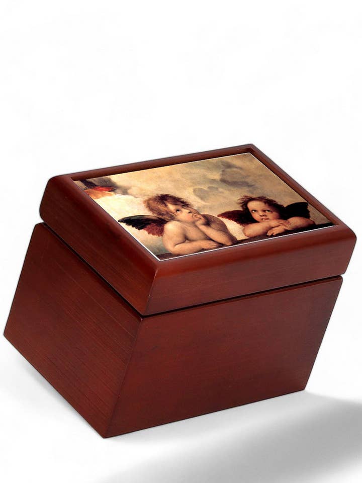 HOUTEN DOOS: Gevoerde theezakjes Houten doos met bedrukt tegeldeksel - Opera „Angel and Cherubs” van Raphael voor wholesale door SublimArt