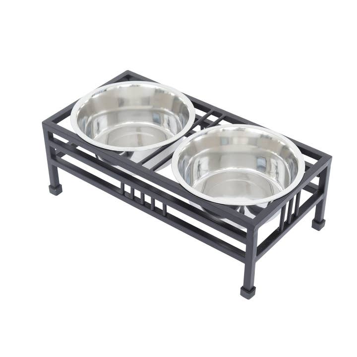 Elevated Rectangular Pet Double Diner with Stainless Steel Bowls for Dogs and Cats for wholesale by Iconic Pet