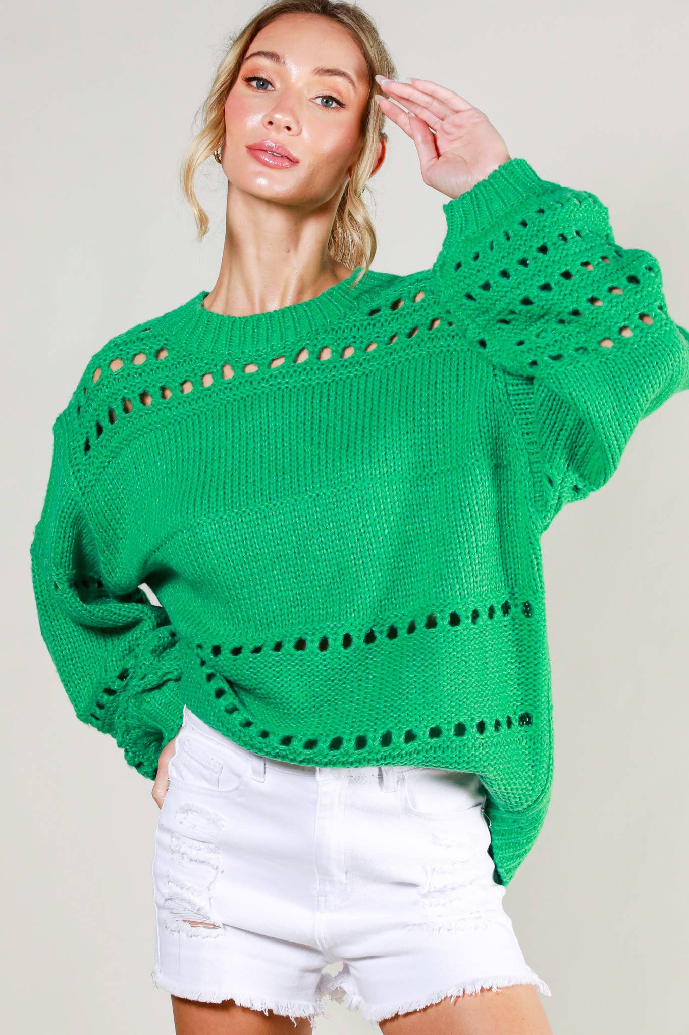 Vine & Love - Vente Pull en maille – femme - Pull en crochet à col rond et manches ballon en tricot ouvert VT5170325